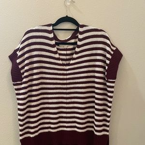 LOFT Burgundy/White Stripe Drop Shoulder Short Sleeve Sweater, Size Small, NWOT
